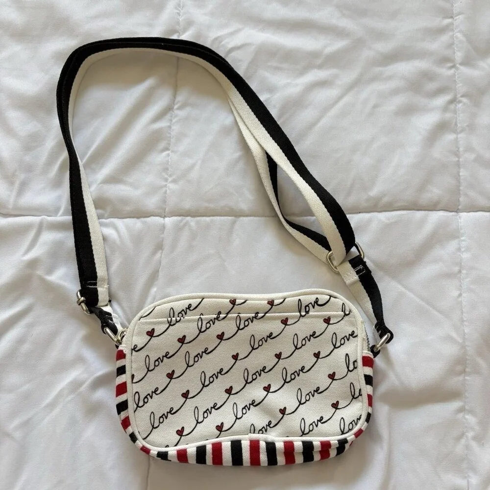 Brighton Love Scroll Canvas‎ Crossbody Bag Purse White Red Black Hearts